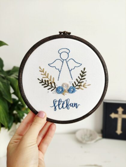 Tamborek pamiątka aniołek z imieniem dziecka