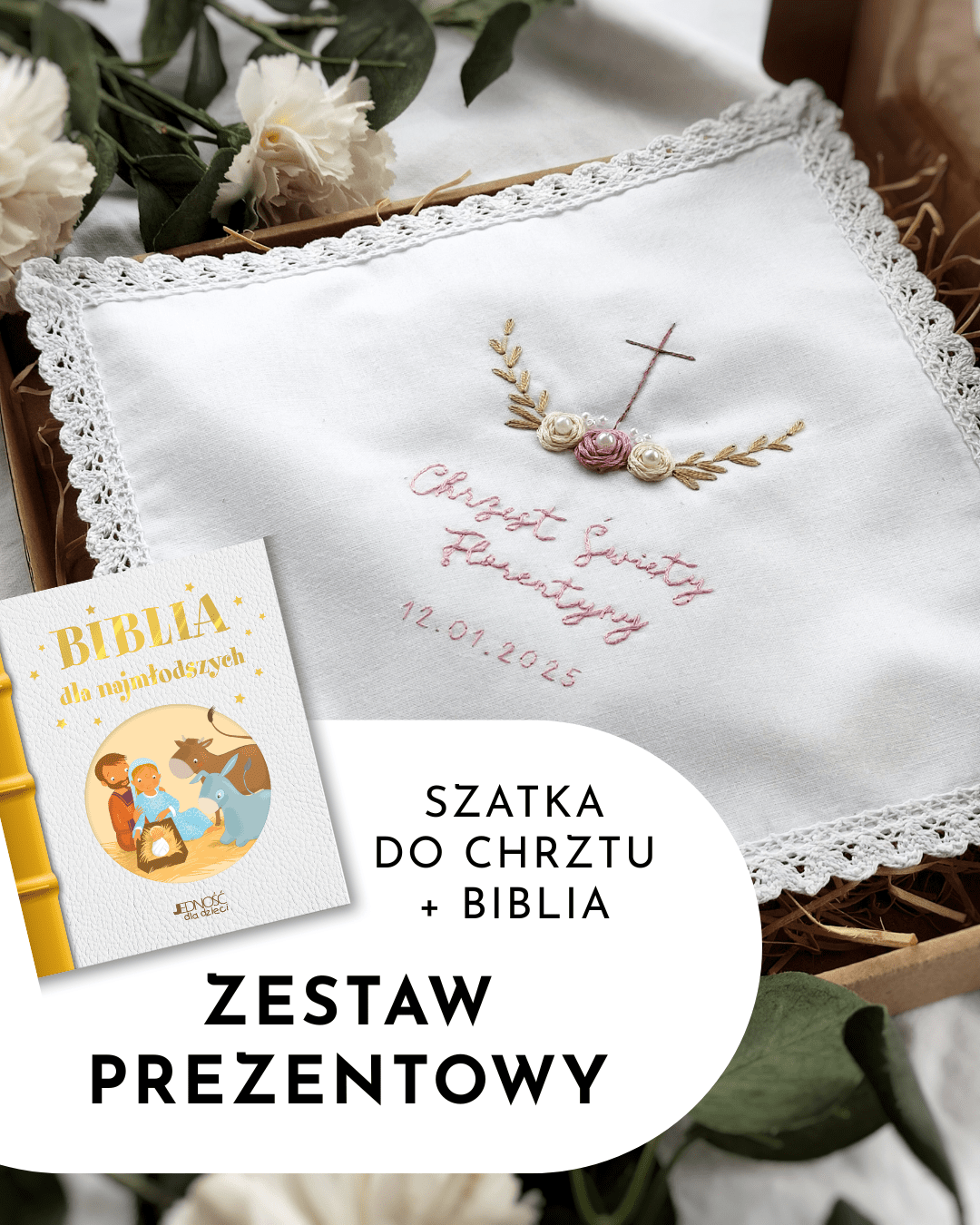 Zestaw prezentowy: szatka na chrzest+ biblia