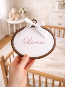 obrazek owalny z haftowanym imieniem i kokardką